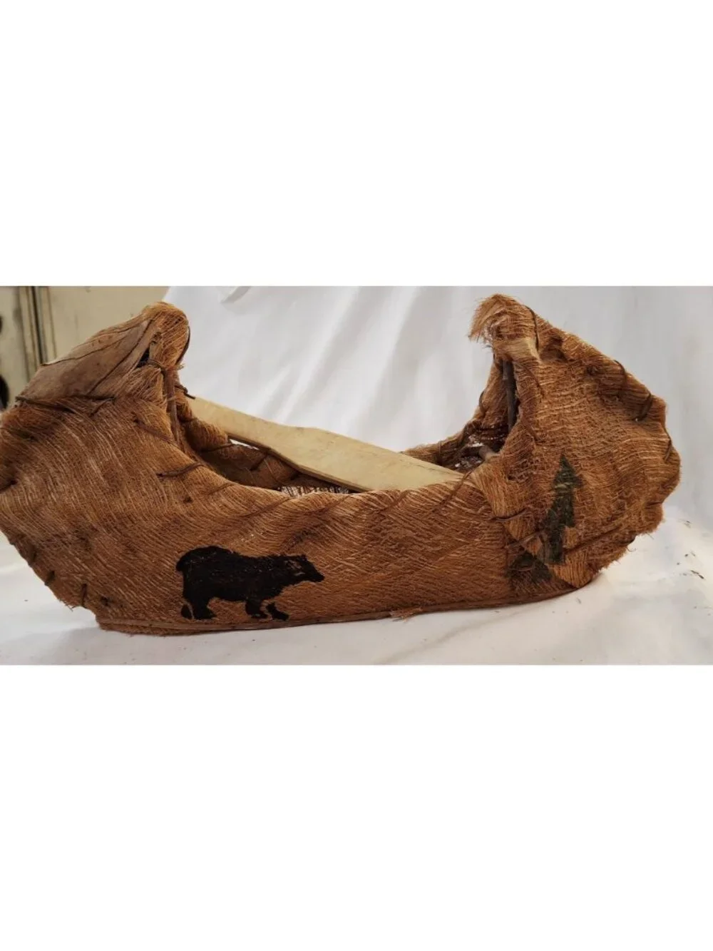 Rustic Handcrafted Canoe Planter Made From Coconut Husk & Wood With Bear Design